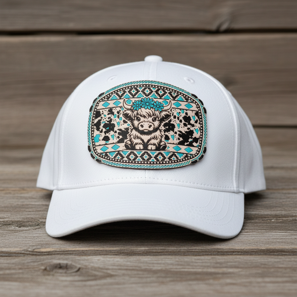 Cute highland cow with flowers Southwest design on a white baseball cap