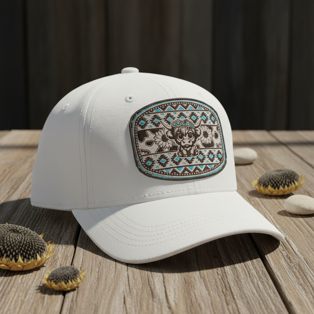 Southwest big eye highland cow with sunflowers design on a white baseball cap