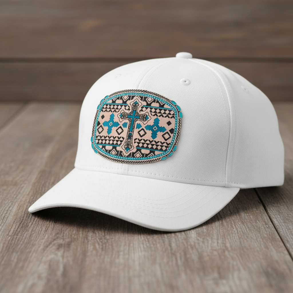 Southwest cross hat patch design on a white baseball cap